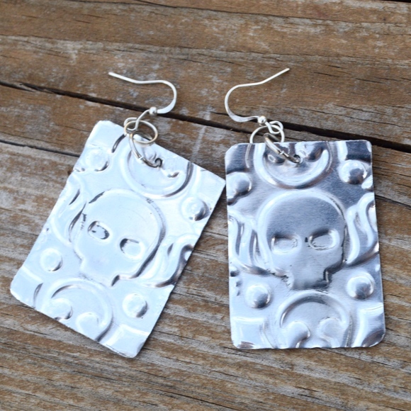 Conceptual Subculture Jewelry - Skull Hippie Embossed Silver Earrings Square OOAK